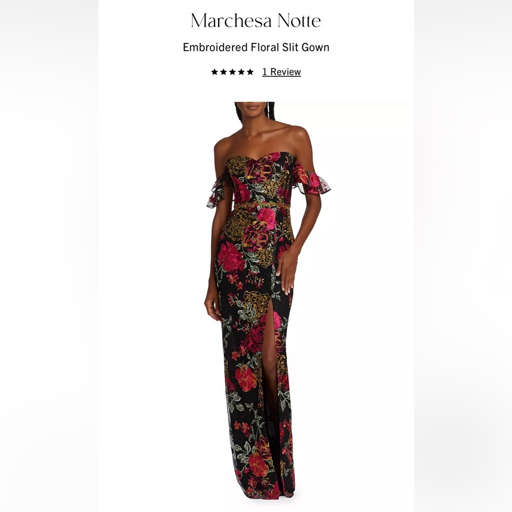 Marchesa Notte Embroidered Floral Slit Gown.